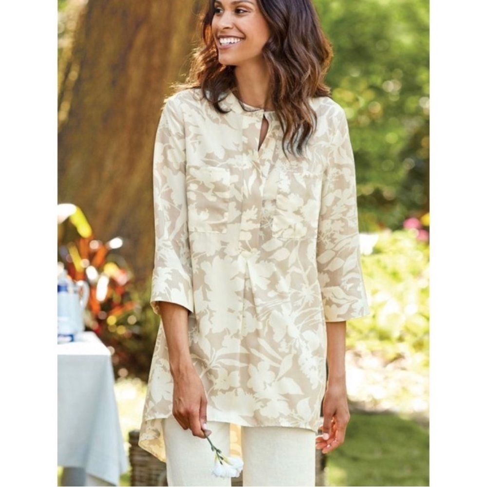 Soft Surroundings Roselyn Beige & Cream Floral Pockets High Low Top Tunic sz M.